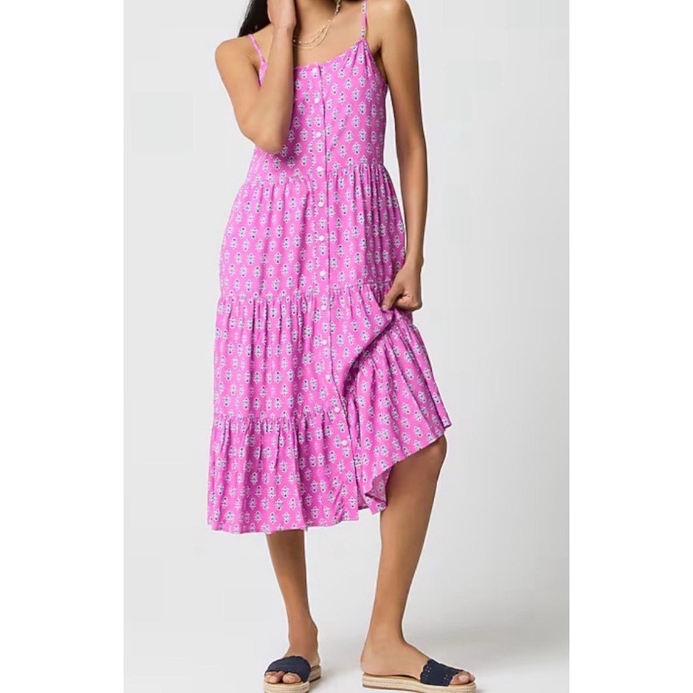 J.Crew Womens Tiered Button Strappy Midi Dress 4 Pink Boho Cottagecore Resort